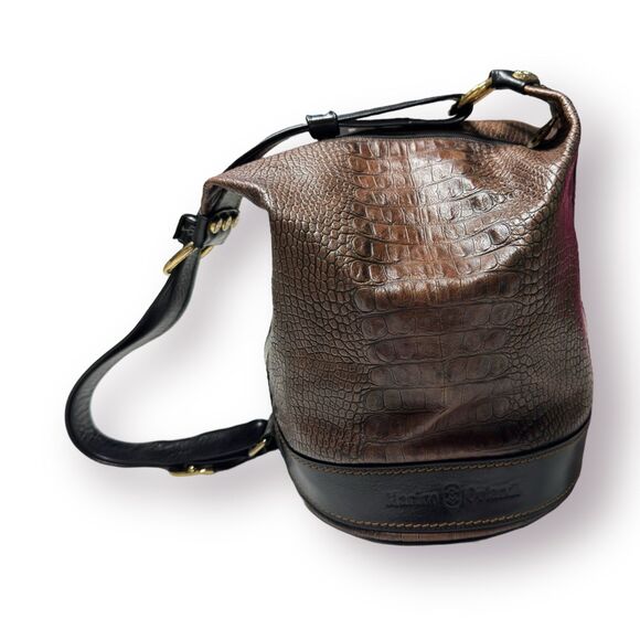 Marino Orlandi Leather Bucket Bag Croc Embossed‎ Leather Dual Sling Tote Vintage - Picture 2 of 10